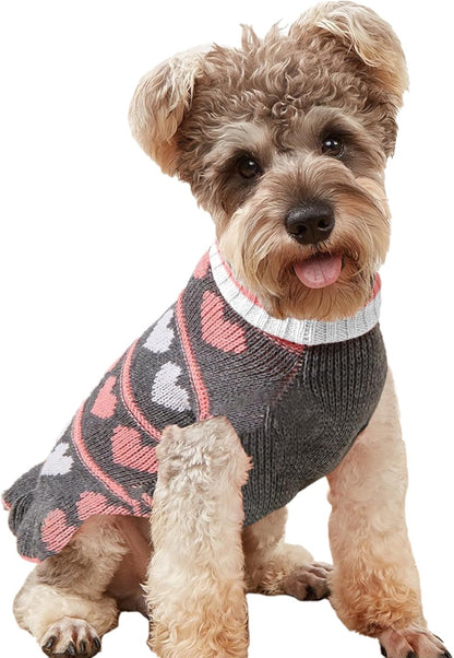 Pet Dog Long Sweater Dress - Warm Winter Knit Turtleneck Pullover for Small Dogs, Grey Heart Design