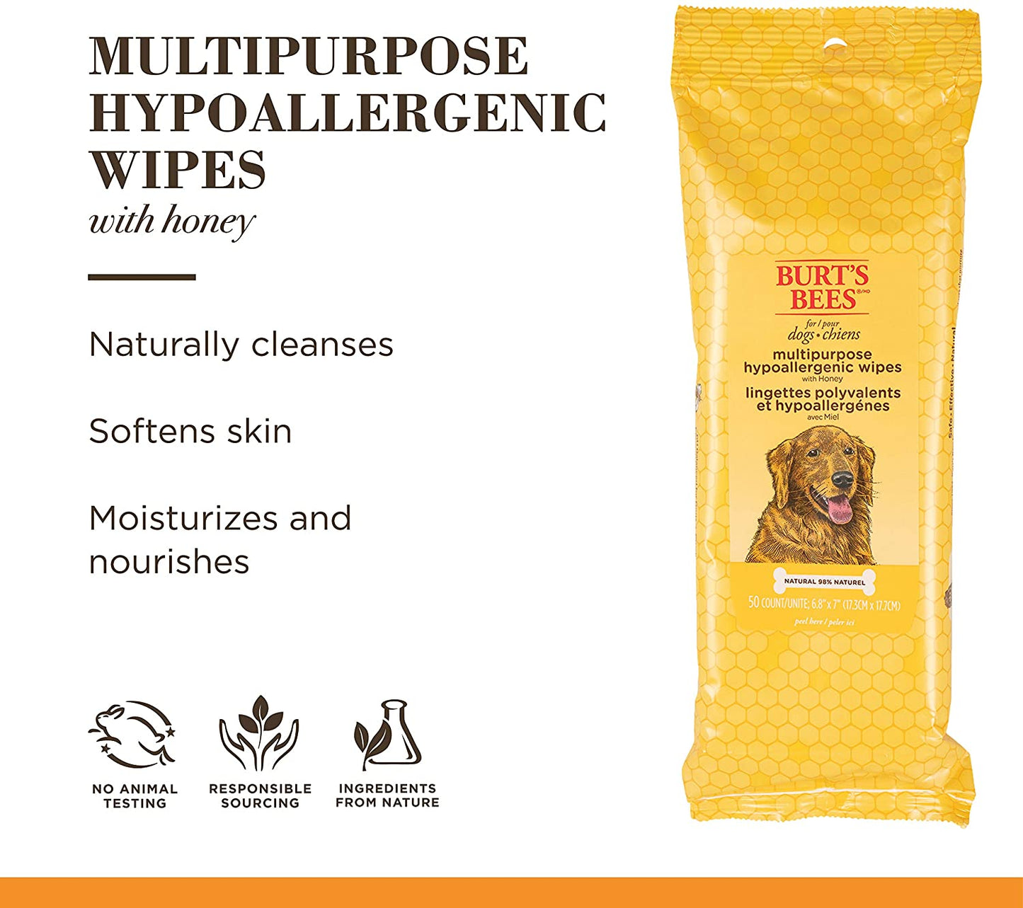 Hypoallergenic Dog Wipes - Moisturizing & Deodorizing Grooming Wipes for Pets, Cruelty-Free Puppy Cleaning Essentials, 50-Count