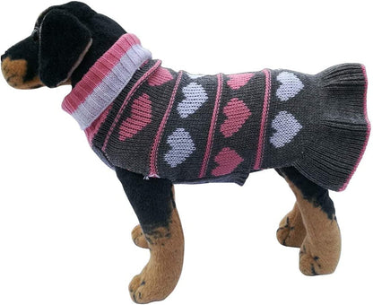 Pet Dog Long Sweater Dress - Warm Winter Knit Turtleneck Pullover for Small Dogs, Grey Heart Design