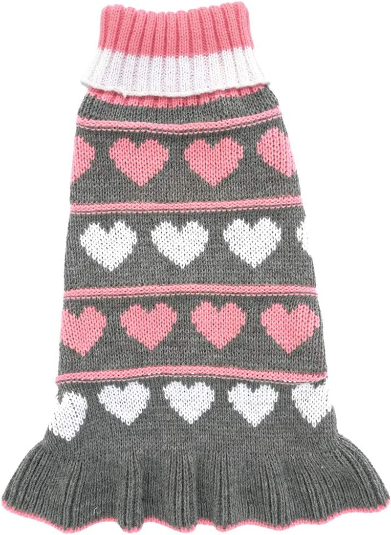 Pet Dog Long Sweater Dress - Warm Winter Knit Turtleneck Pullover for Small Dogs, Grey Heart Design