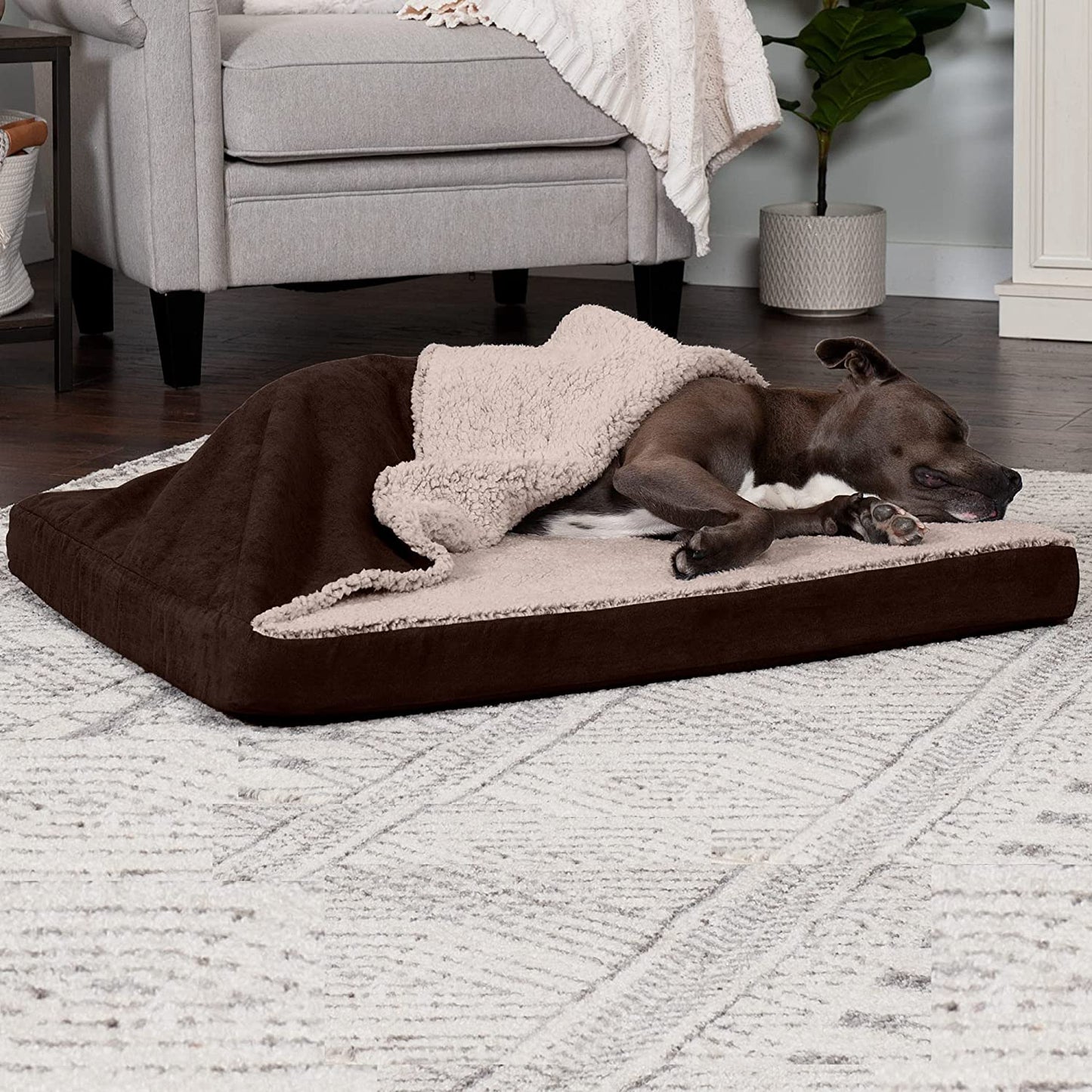 Cooling Gel Dog Bed for Large & Medium Dogs - Removable Washable Cover, Supports Dogs up to 55 lbs, Berber & Suede Mattress Top, Espresso, Large Size