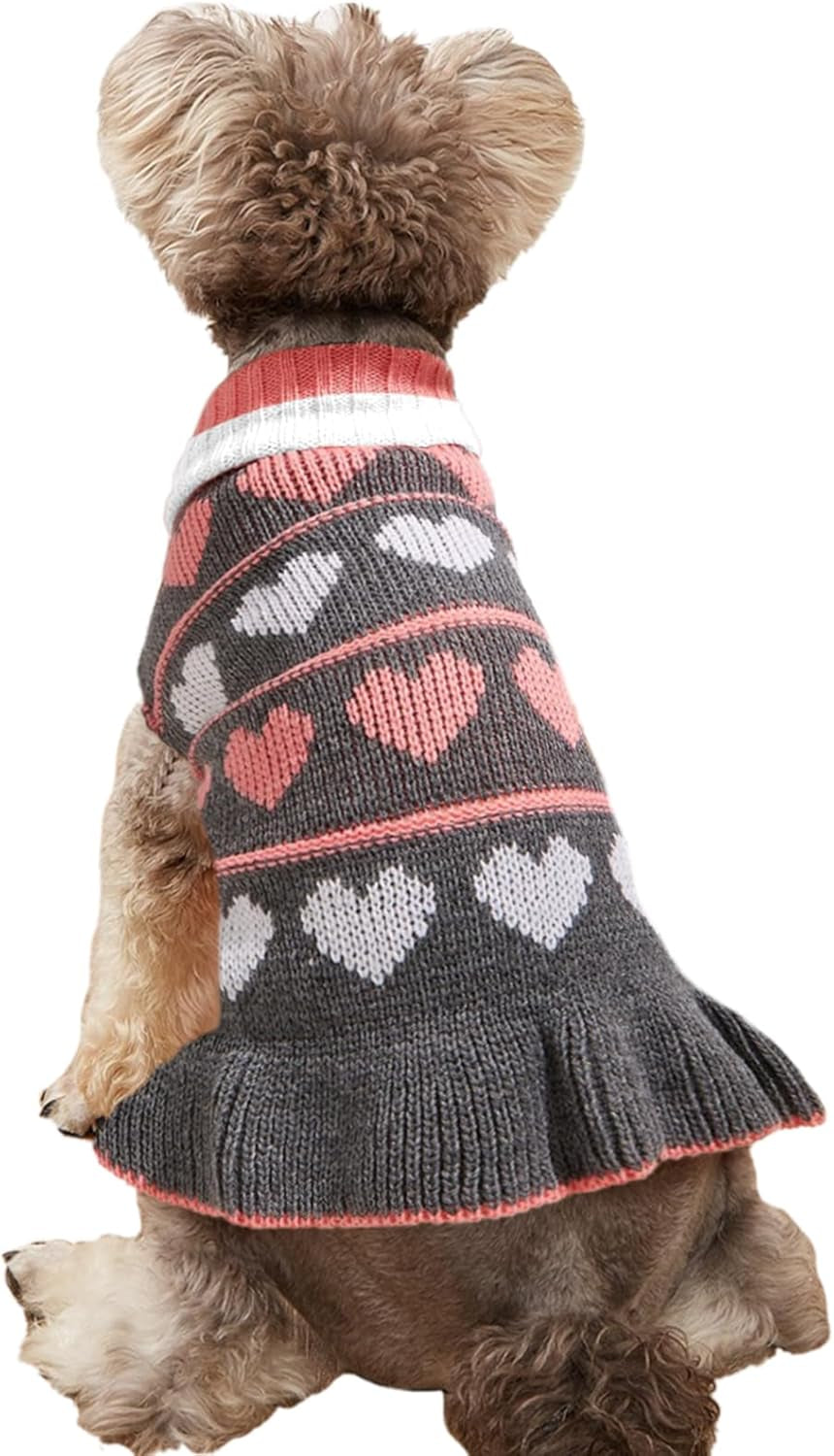 Pet Dog Long Sweater Dress - Warm Winter Knit Turtleneck Pullover for Small Dogs, Grey Heart Design