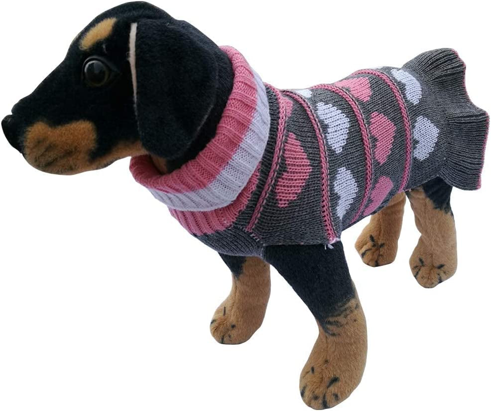 Pet Dog Long Sweater Dress - Warm Winter Knit Turtleneck Pullover for Small Dogs, Grey Heart Design