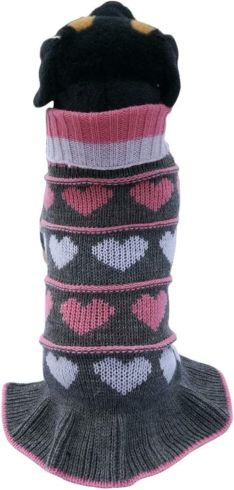 Pet Dog Long Sweater Dress - Warm Winter Knit Turtleneck Pullover for Small Dogs, Grey Heart Design