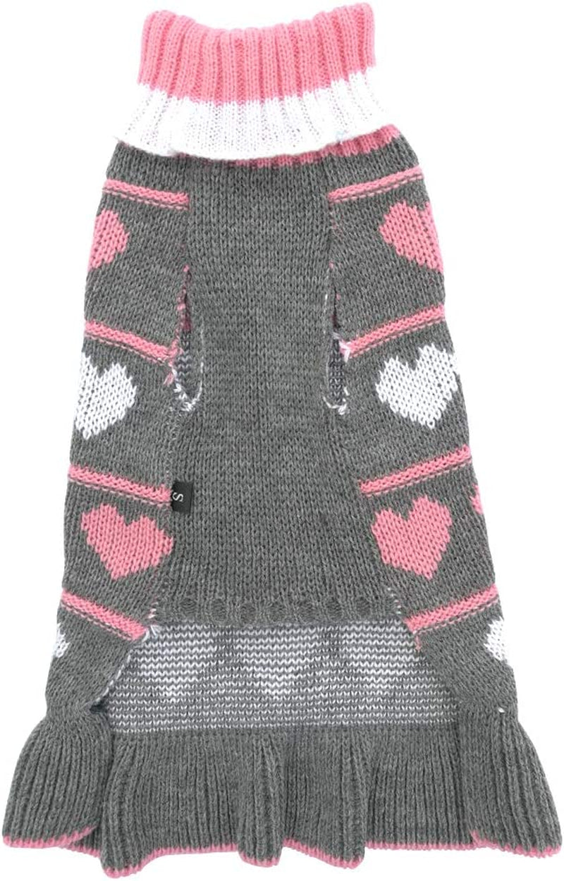 Pet Dog Long Sweater Dress - Warm Winter Knit Turtleneck Pullover for Small Dogs, Grey Heart Design