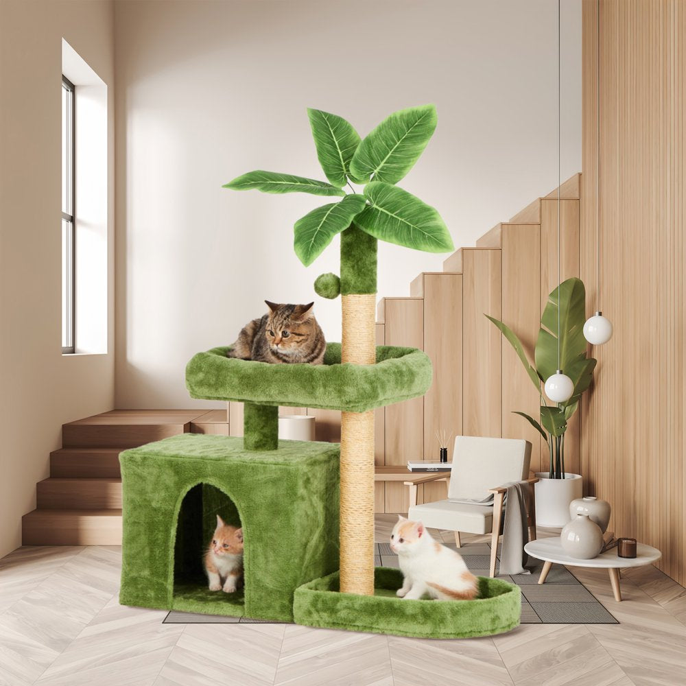 31.5" Cat Tree Cat Tower for Indoor Cats with Green Leaves, Cat Condo Cozy Plush Cat House with Hang Ball and Leaf Shape Design, Cat Furniture Pet House with Cat Scratching Posts,Beige